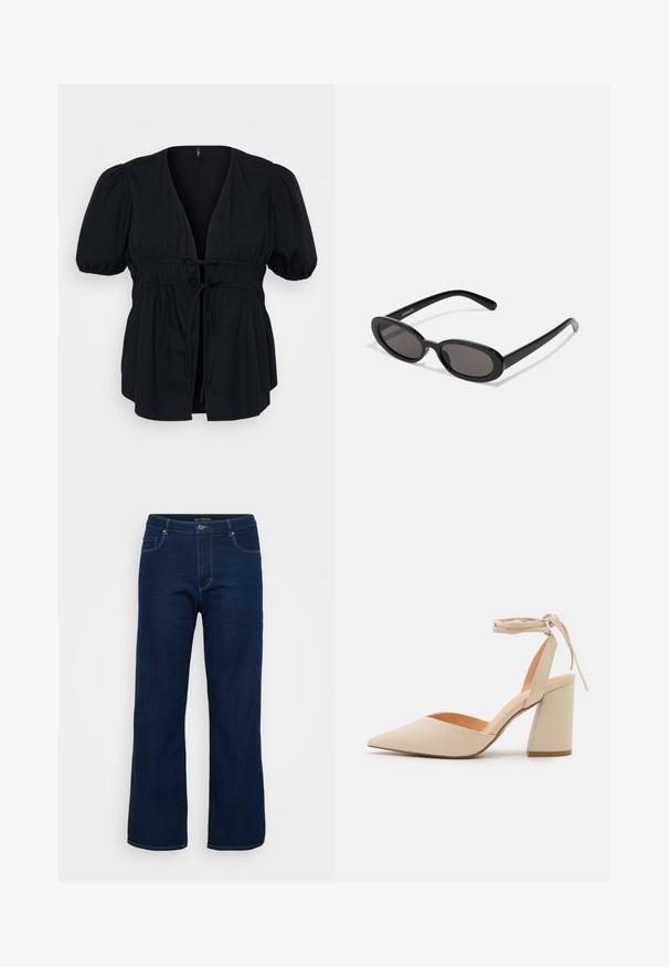 Schwarze Bluse mit tiefem V-Ausschnitt, kurzen Puffärmeln und elastischem Kordelzug in der Taille. Glattes Material mit einer entspannten, fließenden Silhouette.; Dunkelblaue Denim-Jeans mit geradem Schnitt, ausgestattet mit einem Reißverschluss, fünf Taschen und sichtbaren Nähten.; Beige Highheel mit spitzem Zeh, Knöchelriemen und breitem Blockabsatz. Glattes, synthetisches Material mit matter Oberfläche.; Even&Odd Sonnenbrille - black