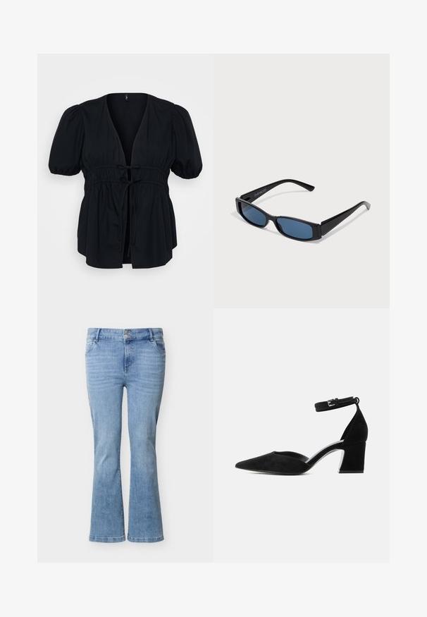Schwarze Bluse mit tiefem V-Ausschnitt, kurzen Puffärmeln und elastischem Kordelzug in der Taille. Glattes Material mit einer entspannten, fließenden Silhouette.; Hellblaue Jeans aus Denim mit ausgestelltem Bein, doppelt knöpfbarem Verschluss, Vordertaschen und dezentem Verblassen an den Oberschenkeln.; Schwarzer Damenschuh aus Wildleder mit spitzer Zehenpartie, Blockabsatz und Knöchelriemchen mit silberner Schnalle, Seitenansicht vor weißem Hintergrund.; Schwarze Sonnenbrille mit einem eleganten rechteckigen Rahmen und blauen Gläsern. Besitzt eine glatte Oberfläche und robuste Scharniere. Markenlogo an der Seite.