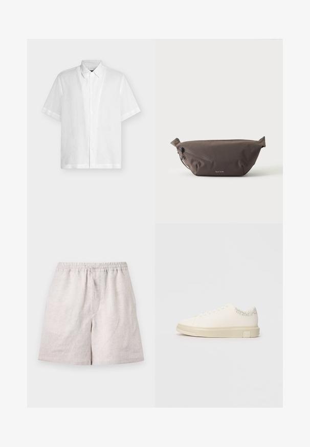 Chemise blanche à manches courtes avec boutons et col classique, présentée à plat sur un fond clair uni.; Shorts en lin beige clair avec taille élastique et cordon, longueur au genou, disposés à plat sur fond blanc.; Sneaker blanc avec une tige en toile lisse, des lacets plats, un col rembourré et un accent gris texturé à l'arrière. Semelle en caoutchouc épaisse.; Sac banane en tissu marron foncé avec poche zippée en diagonale et petit logo blanc sur le devant, sur un fond clair uni.