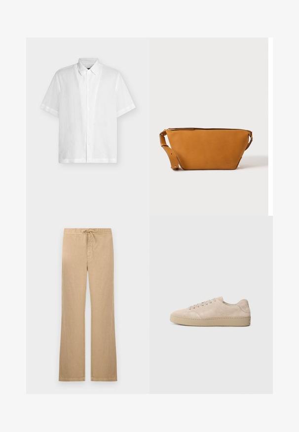 Chemise blanche à manches courtes avec boutons et col classique, présentée à plat sur un fond clair uni.; Pantalon beige à jambes droites avec taille élastique et cordon de serrage, braguette à l'avant, sans poches visibles, présenté sur fond blanc.; Baskets en daim beige avec un bout rond, des lacets plats et une semelle en caoutchouc texturé. Design minimaliste avec des bords lisses et des coutures discrètes.; Sac bandoulière en cuir marron clair avec sangle réglable et fermeture éclair, présenté sur un fond clair uni.