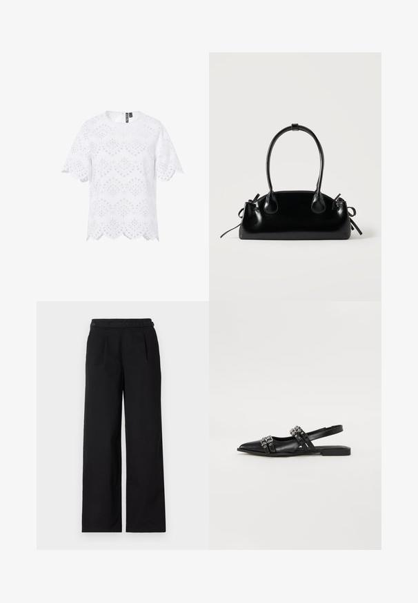 Blouse blanche à manches courtes avec motif en dentelle œillets, bords festonnés et encolure ronde, fermeture éclair au dos.; Pantalons larges noirs en mélange de coton, avec des plis en façade, deux boutons à la taille et une texture lisse.; Even&Odd by Zalando Ballerines à brides arrière - black; Petit sac à main noir brillant avec deux longues anses et des détails à cordon sur les côtés sur un fond clair uni.