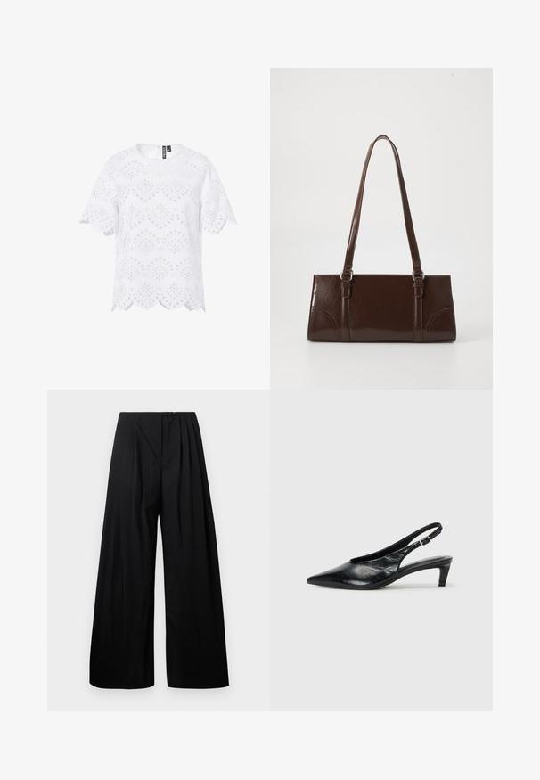 Blouse blanche à manches courtes avec motif en dentelle œillets, bords festonnés et encolure ronde, fermeture éclair au dos.; Pantalons larges noirs à taille haute, dotés de plis verticaux et d'une fermeture à bouton. Texture lisse, design minimaliste.; Escarpin à bride arrière en cuir noir avec un bout pointu, un petit talon et une sangle à boucle réglable. Texture lisse avec un minimalisme dans les détails.; Sac à main en cuir verni marron de forme rectangulaire, avec deux longues poignées et des accents courbés subtils à l'avant.