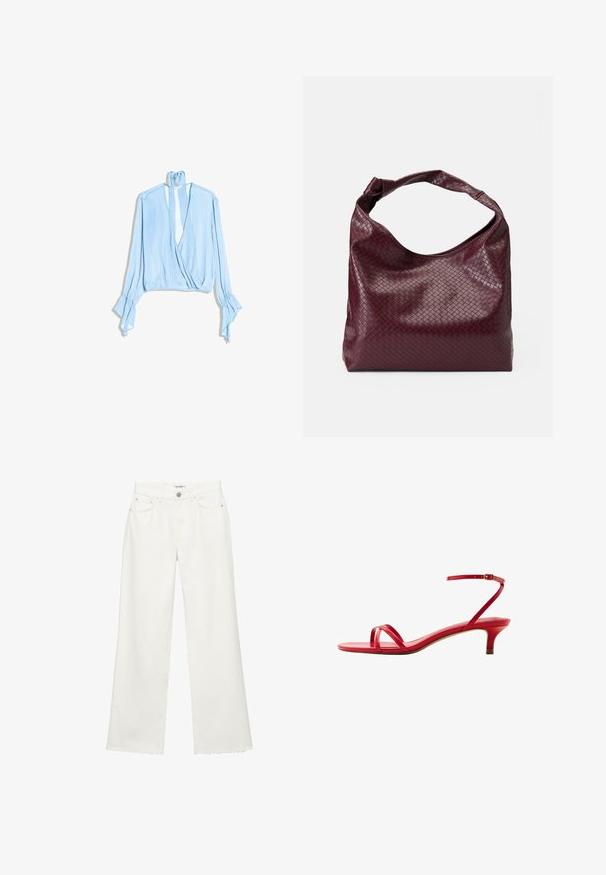 Blouse bleu clair à manches longues avec un col en V profond, une fermeture croisée devant, des poignets évasés et un lien étroit noué à l'arrière du cou.; Pantalon en jean blanc à jambe large avec poches avant, passants de ceinture, fermeture par bouton et ourlets bruts.; Sandale en cuir rouge à talon bas avec fines lanières sur les orteils et une bride de cheville avec boucle, vue de côté sur fond blanc.; Sac bordeaux avec un motif tissé texturé, en cuir souple, doté d'une anse unique nouée. Conception spacieuse de style hobo.
