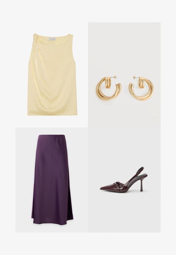 Haut jaune sans manches avec une finition texturée et un détail froncé sur le côté. Tissu doux et coupe décontractée, avec un ourlet droit.; Jupe longue violette unie avec une légère fente sur le côté, tissu lisse et coupe droite sur fond blanc.; Escarpin slingback en cuir verni bordeaux avec bout pointu, fine bride à la cheville et petit détail décoratif de boucle. Texture lisse et talon haut.; Paire de boucles d'oreilles créoles doubles en or brillant avec attaches à tige sur fond blanc.