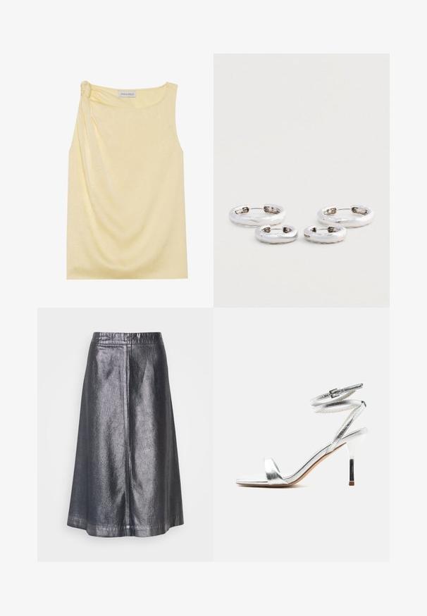 Haut jaune sans manches avec une finition texturée et un détail froncé sur le côté. Tissu doux et coupe décontractée, avec un ourlet droit.; Jupe midi argent métallique avec une texture lisse, forme évasée et une simple ceinture élastique. Présente des coutures latérales pour un look structuré.; Sandale argentée à talon haut avec des brides qui entourent la cheville et un talon aiguille fin, vue de profil sur un fond blanc.; Deux paires de boucles d'oreilles en argent en forme de créole avec une texture légèrement martelée sur un fond blanc.