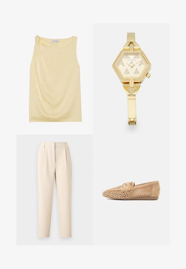 Haut jaune sans manches avec une finition texturée et un détail froncé sur le côté. Tissu doux et coupe décontractée, avec un ourlet droit.; Pantalons beiges ajustés à coupe droite, avec des plis à l'avant et une finition lisse. Le tissu semble léger et texturé.; Mocassin beige en daim avec un design perforé, avant à lacets et semelle plate, présenté en profil latéral sur un fond uni.; Montre hexagonale dorée avec un cadran texturé et des accents ressemblant à des diamants, dotée d'un bracelet doré assorti et d'un fermoir pour un maintien sécurisé.