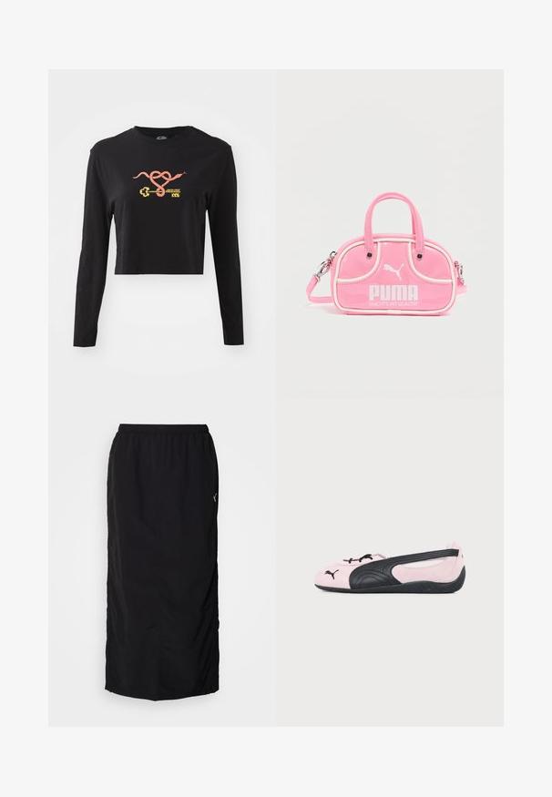 Must mustraum hiigelvarrukatega crop-top 100% puuvillast. Ees on värvikas graafika kägist ja võtme motiiviga. Lihtne ümar kaelusdisain.; Must mustrik, millel on elastne vöökoht, külgedel on lõhikud liikumisvabaduse tagamiseks ja paremal küljel minimaalne brändingudetail.; Hele roosa ja must Puma baleriin, millel on must logo varbaplaadil ja tekstuuriga tallad, esitatud külgvaates ühevärvilisel taustal.; Roosa läikiv käekott kahe käepidemega, valgete detailide ja silmatorkava PUMA logoga. Omab eemaldatavat õlarihma ja tõmblukuga sulgemist.