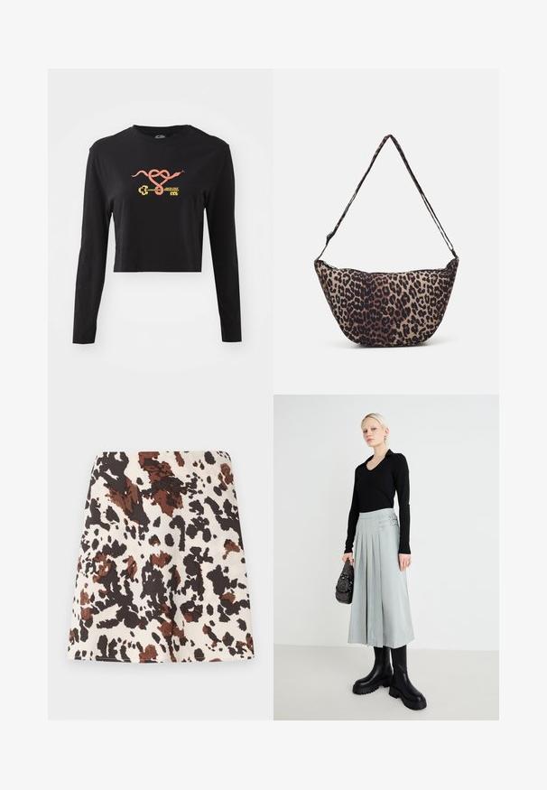 Čierny dlhý rukáv cropped top vyrobený z bavlny. Na prednej strane sa nachádza farebná grafika hada a kľúča. Jednoduchý dizajn s okrúhlym výstrihom.; Krátka sukňa s bodkovaným vzorom v krémovej, hnedej a čiernej farbe. Vyrobená z jemného materiálu; má rovný, priliehavý strih a miernu elasticitu.; Čierny top s dlhým rukávom, svetlošedá plisovaná sukňa s detailmi v podobe dvoch prackových sponiek a čierne čižmy s hrubou podrážkou; strieborná kabelka s ozdobami.; Kabelka z tkaniny s leopardím vzorom, zakriveného tvaru, s tenkým popruhom na rameno a zipsovým uzatváraním. Prírodné odtiene béžovej a tmavohnedej. Hladká textúra.