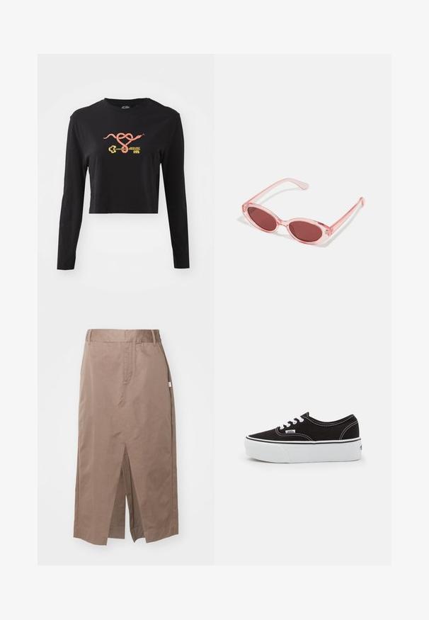 Čierny dlhý rukáv cropped top vyrobený z bavlny. Na prednej strane sa nachádza farebná grafika hada a kľúča. Jednoduchý dizajn s okrúhlym výstrihom.; Hnedá bavlnená sukňa so rovný dizajnom, s predným rozparkom, bočnými vreckami a štandardným pásom. Hladká textúra a prispôsobené švy.; Čierne plátenné tenisky s bielou gumovou platformou, s bielymi šnúrkami a stehmi, ikonickým logom na boku, nízkoprofilový dizajn.; Ružové priehľadné slnečné okuliare s oválnymi šošovkami, tmavočerveným tónovaním a štíhlymi ramenami, so hladkým povrchom a jemnými detailmi na ráme.
