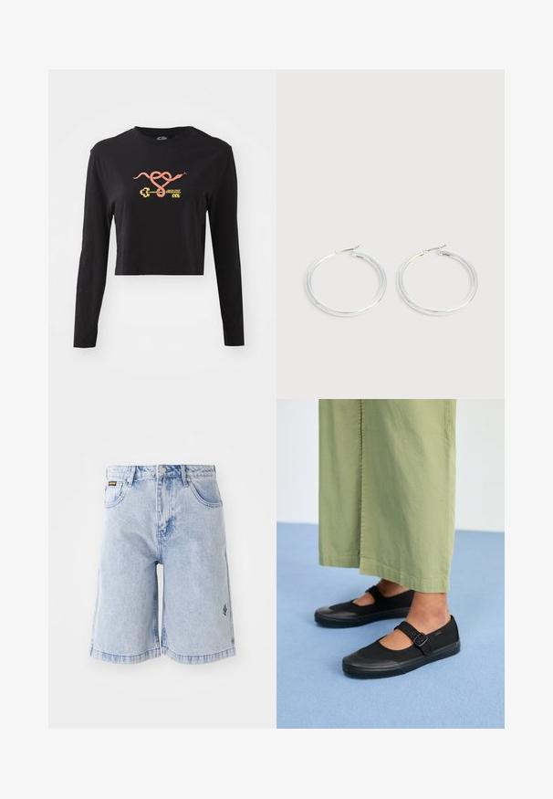 Čierny dlhý rukáv cropped top vyrobený z bavlny. Na prednej strane sa nachádza farebná grafika hada a kľúča. Jednoduchý dizajn s okrúhlym výstrihom.; Svetlo modré denimové šortky s vysokým pásom, voľným strihom a prednými vreckami. Dekoratívne prešívanie a vyšitý logotyp značky na boku.; Čierne plátenné topánky s okrúhlym špičkou, gumovou podrážkou a prackou. Skombinované s voľnými, svetlozelenými nohavicami.; Pár lesklých strieborných kruhových náušníc s tenkými drôtenými zapínaniami, zobrazených na svetlo šedom pozadí.