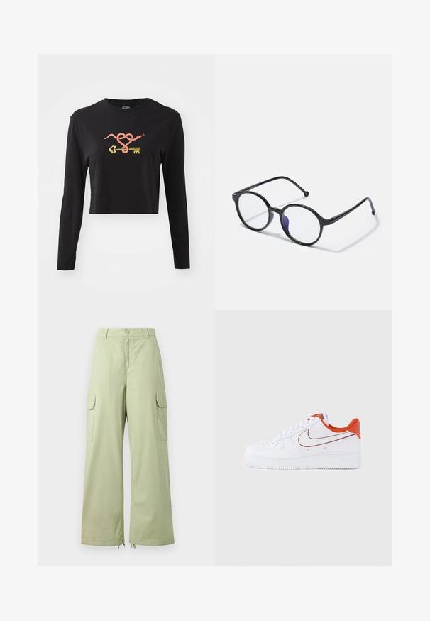 Čierny dlhý rukáv cropped top vyrobený z bavlny. Na prednej strane sa nachádza farebná grafika hada a kľúča. Jednoduchý dizajn s okrúhlym výstrihom.; Svetlozelené cargo nohavice s širokými nohavicami, vyrobené z bavlny. Obsahujú dve bočné vrecká a zapínanie na gombík. Hladká textúra a voľný design.; Biela kožená teniska s oranžovými akcentmi, textúrovanou gumovou podrážkou, detailmi perforácie na špičke a klasickým červeným logom Nike Swoosh.; Kruhové čierne okuliare s tenkými rámčekmi, čírymi šošovkami a jemným purpurovým odtieňom na jednej strane; elegantný dizajn s lesklým povrchom.