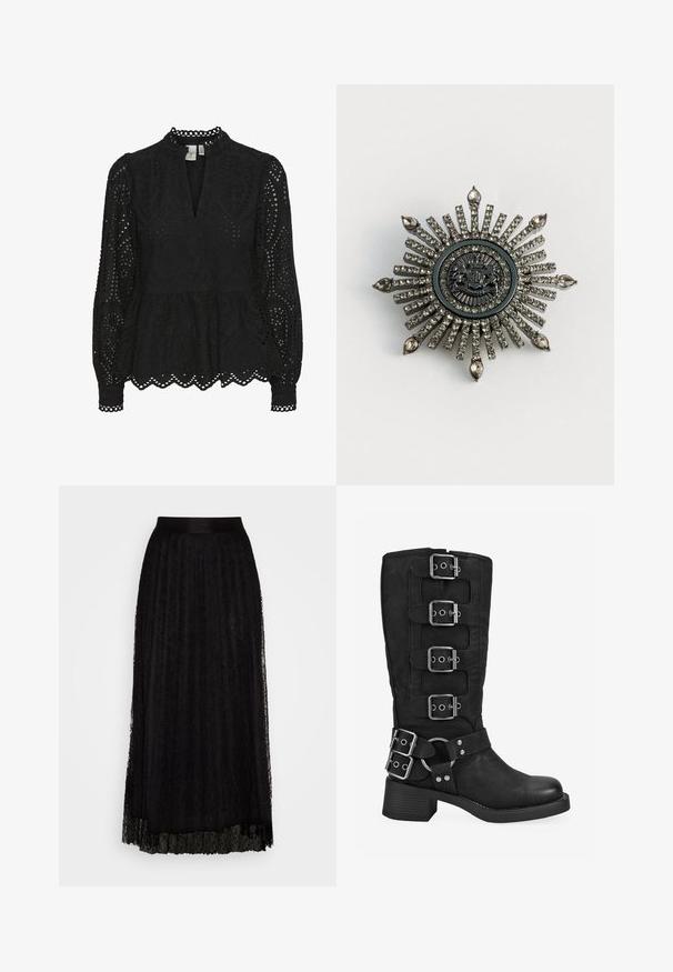 Blusa negra con cuello alto, mangas largas y patrones de corte intrincados, con un dobladillo de peplum y bordes en forma de concha.; Falda maxi negra de encaje con un patrón texturizado, que cuenta con una cinturilla lisa y un diseño de capas y fluido.; Bota negra hasta la mitad de la pantorrilla con cuatro hebillas plateadas en la caña, dos hebillas cerca del tobillo y un tacón bajo y cuadrado.; Broche en forma de estrella en metal de tono plateado con rhinestones transparentes. El diseño central presenta un emblema circular con un detallado intrincado.