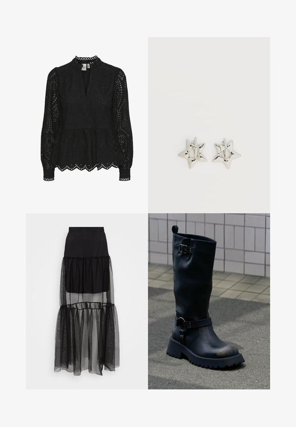 Blusa negra con cuello alto, mangas largas y patrones de corte intrincados, con un dobladillo de peplum y bordes en forma de concha.; Falda negra de capas que presenta una sección inferior translúcida y texturizada, una cintura elástica y un diseño fluido. Compuesta de materiales ligeros.; Bota negra de cuero hasta la mitad de la pantorrilla con suela gruesa, hebilla metálica cerca de la parte superior y una correa con detalle de anilla sobre el tobillo, sobre una superficie pavimentada.; Pendientes de aro plateados en forma de estrella con un acabado liso y pulido sobre un fondo blanco liso.