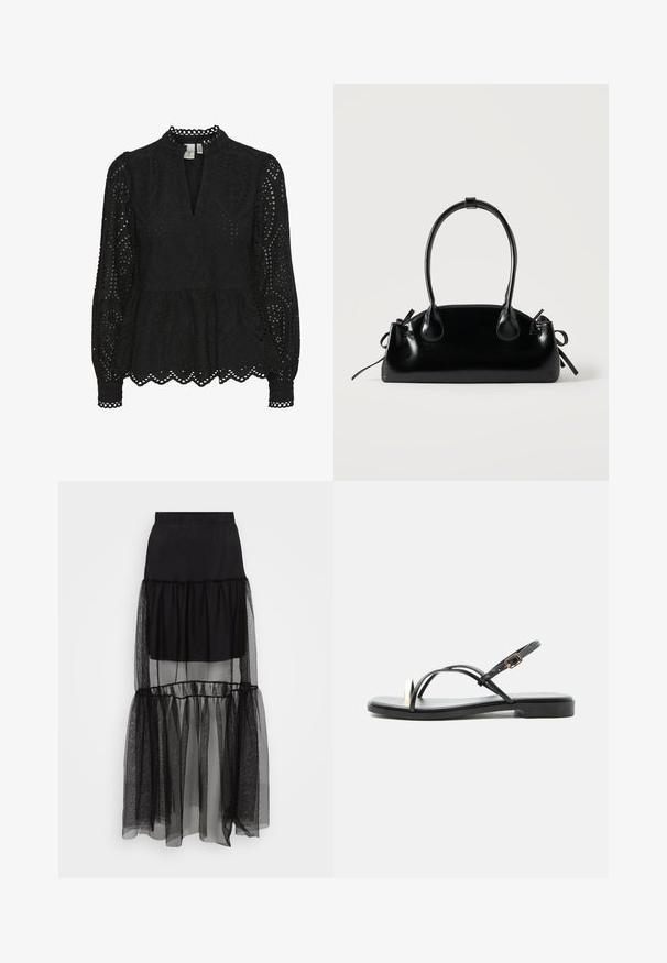 Blouse noire avec un col montant, des manches longues et des motifs découpés complexes, avec un ourlet peplum et des bords festonnés.; Jupe noire à plusieurs couches avec une section inférieure transparente et texturée, une taille élastique et un design fluide. Composée de matériaux légers.; Sandale plate noire avec fines lanières, détail d'anneau doré pour l'orteil et boucle réglable à la cheville, présentée sur un fond blanc uni.; Petit sac à main noir brillant avec deux longues anses et des détails à cordon sur les côtés sur un fond clair uni.