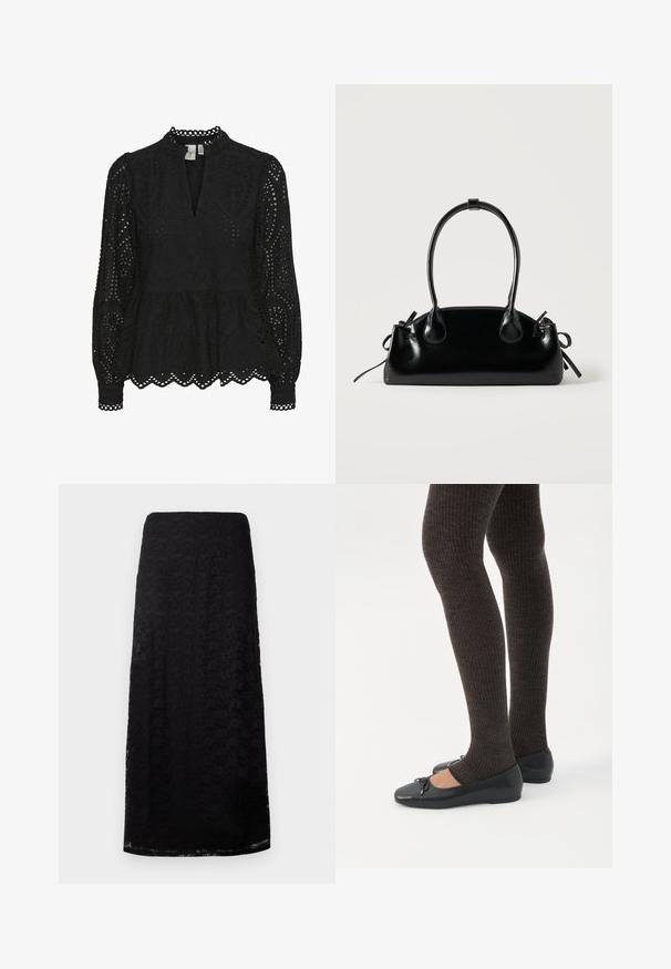 Blusa negra con cuello alto, mangas largas y patrones de corte intrincados, con un dobladillo de peplum y bordes en forma de concha.; Falda midi de encaje negro con patrón floral, corte recto y textura sutil, exhibida sobre un fondo blanco liso.; Piernas con leggings oscuros acanalados combinados con bailarinas negras que presentan pequeños detalles de lazo sobre un fondo blanco.; Pequeño bolso negro brillante con dos asas largas y detalles de cordón lateral sobre un fondo claro liso.