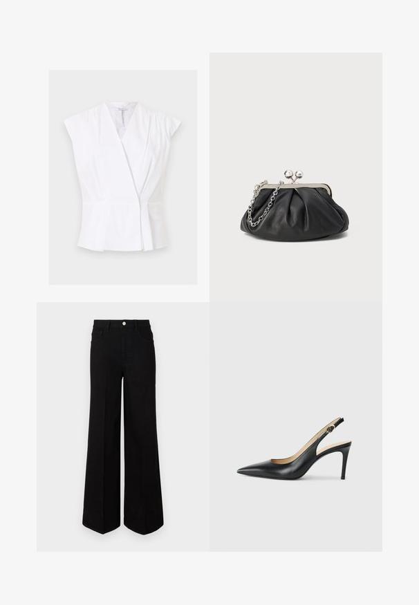 Blouse blanche sans manches à effet cache-cœur avec décolleté en V et légers plis près des épaules et de la taille sur un fond uni.; Jean large noir fabriqué dans un tissu robuste, avec une taille haute, des poches avant et une fermeture à bouton à l'avant. Ourlet plat en bas.; Escarpins en cuir noir avec une pointe fine, une bride ajustable et un talon aiguille élégant, présentant une finition lisse.; Porte-monnaie en cuir noir avec texture froncée, cadre en métal argenté, fermeture à verrouillage kiss-lock et bandoulière en chaîne. Surface lisse et douce.