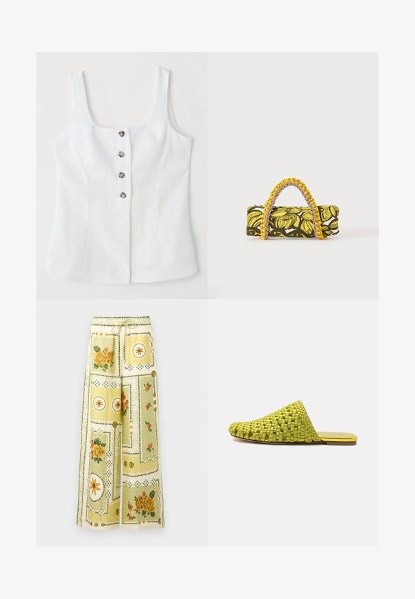 Haut en lin blanc avec un décolleté carré, cinq boutons métalliques sur le devant et larges bretelles. Texture lisse et coupe ajustée.; Pantalon à jambes larges avec motifs patchwork floraux et géométriques jaune clair, ceinturé d'une bande élastique et d'un cordon de serrage.; Mule en tissu vert à enfiler avec semelle plate et bout pointu fermé, conçue pour un usage décontracté.; Sac rectangulaire avec motif floral jaune et noir et anse tressée jaune et rose sur fond blanc.