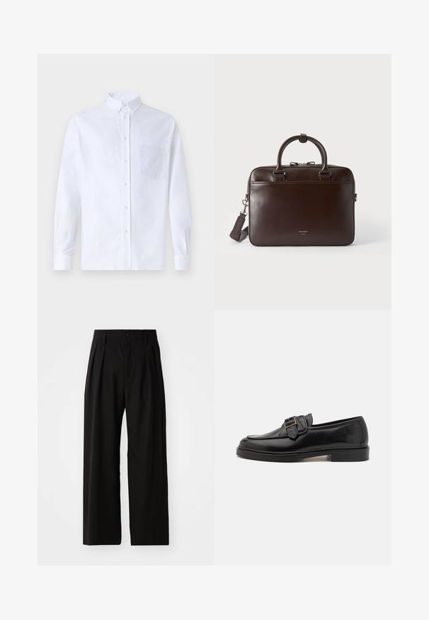 Chemise blanche à manches longues avec boutons en coton, présentant une poche poitrine avec broderie ton sur ton, un col et des poignets boutonnés.; Pantalons larges noirs avec une texture lisse, dotés de deux plis avant, d'une fermeture à bouton et de poches latérales. Tissu durable.; Mocassins en cuir noir avec un bout arrondi et une boucle décorative. Talon plat, solide et texture lisse sur l'ensemble.; Serviette en cuir brun foncé avec deux poignées, une bandoulière détachable et un petit logo à l'avant sur un fond uni.