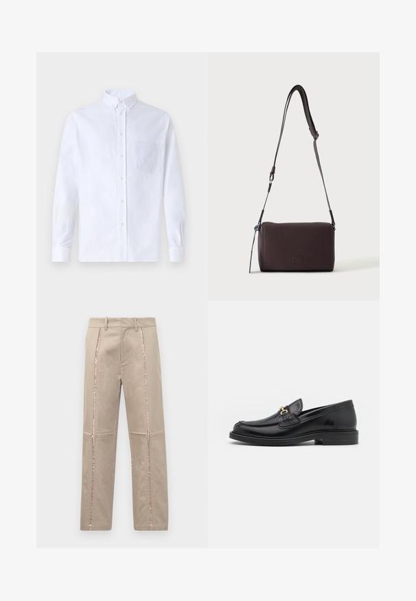 Witte lange mouwen overhemd van katoen, met een borstzak met tonale borduring, een kraag en knopenmanchetten.; Beige broek met een rechte snit, voorzien van rose-gouden pailletten aan de zijkanten en subtiele gestikte details op de benen.; Zwarte leren instappers met een ronde neus, voorzien van een gouden hardware accent en stikdetails, geplaatst op een lage, getextureerde rubberen zool.; Donkerbruine gestructureerde leren crossbodytas met verstelbare riem en klein decoratief blauw accent aan de zijkant.