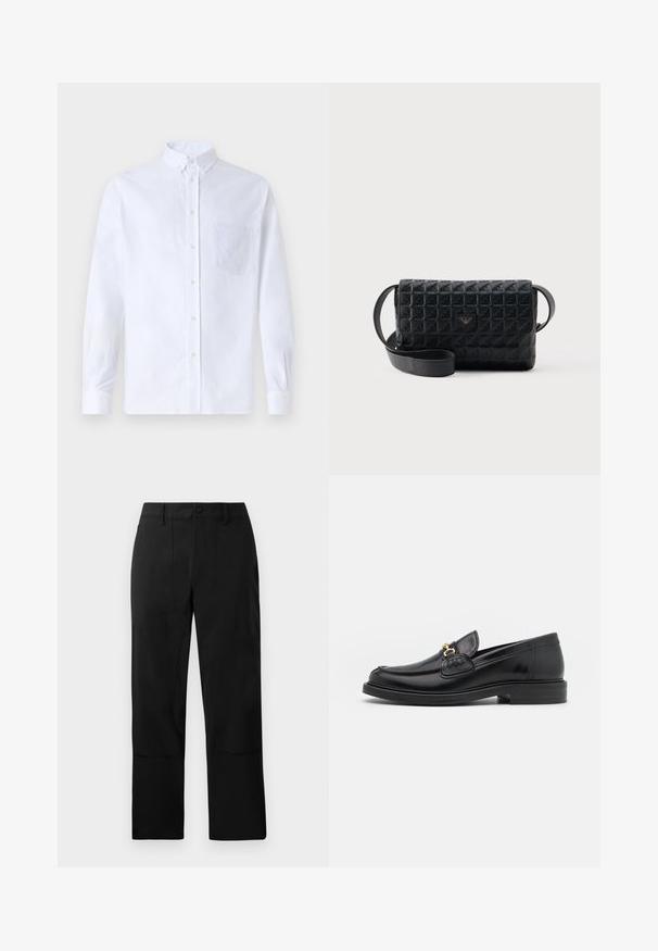 Chemise blanche à manches longues avec boutons en coton, présentant une poche poitrine avec broderie ton sur ton, un col et des poignets boutonnés.; Pantalons noirs en tissu lisse, avec un devant plat, deux poches avant et une coupe droite agrémentée de détails de couture discrets.; Mocassins en cuir noir avec un embout rond, présentant des accents en métal doré et des détails de couture, montés sur une semelle en caoutchouc texturé et basse.; Sac bandoulière noir texturé avec une fermeture à rabat et un petit logo en métal sur le devant, présenté sur un fond uni.