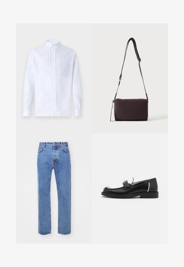 Weißes Langarm-Hemd mit Knöpfen aus Baumwolle, ausgestattet mit einer Brusttasche mit tonalem Stickerei, einem Kragen und Knopfmanschetten.; Won Hundred STEVE - Jeans Relaxed Fit - cut blue; Schwarze Lederloafers mit runder Zehenpartie, weißen Akzenten und goldenen Beschlägen auf dem Vorderblatt. Verfügt über ein strukturiertes Patch und einen gestapelten Absatz.; Dunkelbraune, strukturierte Leder-Crossbody-Tasche mit verstellbarem Riemen und kleinem dekorativen blauen Akzent an der Seite.
