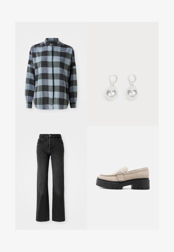 Chemise en flanelle à motif carreaux bleu et noir, dotée de manches longues, d'un col et d'une fermeture à boutons sur le devant. Texture douce et coupe décontractée.; Jean en denim noir avec taille haute, coupe droite, fermeture à bouton en laiton et décoloration subtile. Comprend quatre poches et des détails cousus.; Mocassin en daim beige avec boucle argentée et semelle épaisse noire, vue de côté sur fond blanc.; Boucles d'oreilles en argent en forme de goutte avec des surfaces lisses, rondes et réfléchissantes, suspendues à des fermoirs à ressort. L'arrière-plan est blanc uni.
