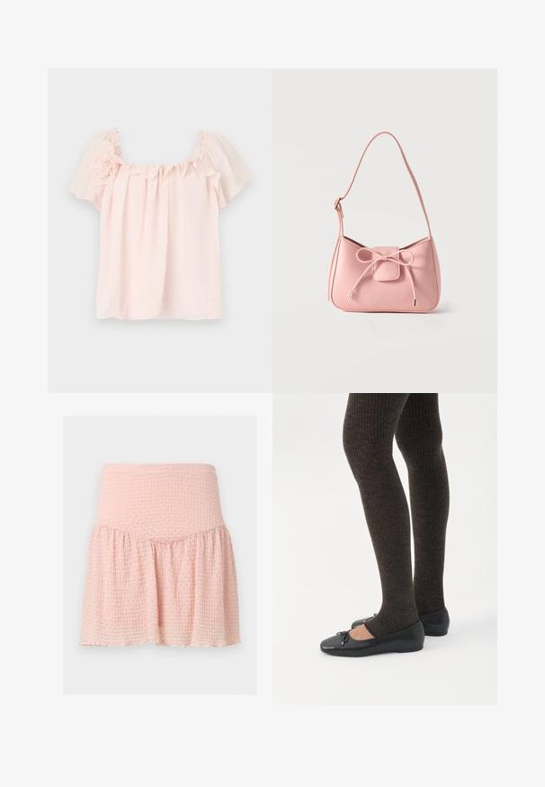Blusa rosa claro con escote con volantes y mangas cortas abullonadas. Tela suave con un acento floral en el hombro izquierdo. Corte relajado.; Minifalda rosa claro con textura, cintura ancha y detalle de tela fruncida sobre un fondo liso.; Piernas con leggings oscuros acanalados combinados con bailarinas negras que presentan pequeños detalles de lazo sobre un fondo blanco.; Bolso pequeño de hombro color rosa pastel con correa ajustable y detalle de lazo en el frente con extremos dorados sobre un fondo liso.