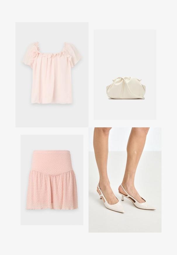 Lichtroze blouse met gerimpelde halslijn en korte, gepofte mouwen. Zacht stof met bloemaccent op de linker schouder. Ontspannen pasvorm.; Lichtroze gestructureerde minirok met brede tailleband en geplooide stofdetails op een effen achtergrond.; Beige gepatineerde leren slingback hakken met een spitze neus en een hak van 5 cm, met uitsparingen aan de zijkanten en een dunne enkelband.; Zachte, crèmekleurige leren clutch met geplooid, gerimpeld ontwerp en een dunne schouderriem die vooraan op een effen achtergrond ligt.