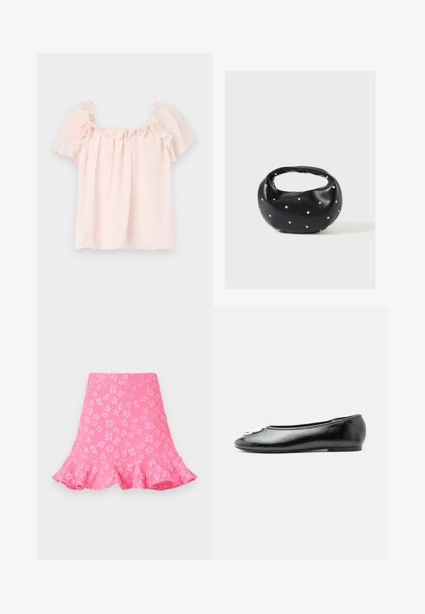 Blusa rosa claro con escote con volantes y mangas cortas abullonadas. Tela suave con un acento floral en el hombro izquierdo. Corte relajado.; Falda rosa de corte acampanado que presenta patrones florales en relieve, un dobladillo con volantes y una textura suave. Longitud por encima de la rodilla con una cinturilla ajustada.; Zapato plano de charol negro con una decoración redonda de hebilla dorada en la punta, visto desde un lado sobre un fondo blanco liso.; Bolso de mano de cuero negro con forma redondeada, decorado con detalles de tachuelas plateadas y un asa corta. Textura lisa y cierre con cremallera.