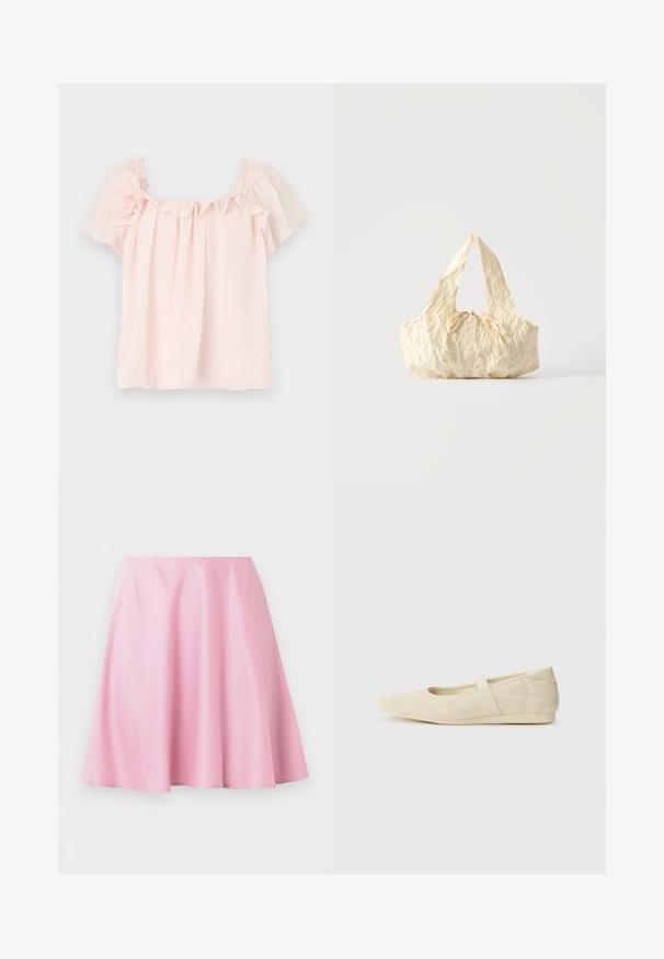 Lichtroze blouse met gerimpelde halslijn en korte, gepofte mouwen. Zacht stof met bloemaccent op de linker schouder. Ontspannen pasvorm.; Roze knielange A-lijn rok met gladde stof en lichte plooien, weergegeven tegen een effen witte achtergrond.; Beige ballerina's met een gladde leren buitenkant, amandelvormige punt en elastische band over de wreef, met subtiele stiksels.; Handtas van crèmekleurige gestructureerde stof met bovenhandvatten en een klein geknoopt strikje middenvoor.