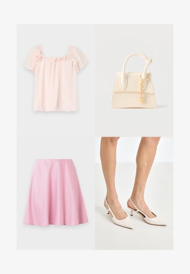 Lichtroze blouse met gerimpelde halslijn en korte, gepofte mouwen. Zacht stof met bloemaccent op de linker schouder. Ontspannen pasvorm.; Roze knielange A-lijn rok met gladde stof en lichte plooien, weergegeven tegen een effen witte achtergrond.; Beige gepatineerde leren slingback hakken met een spitze neus en een hak van 5 cm, met uitsparingen aan de zijkanten en een dunne enkelband.; Kleine handtas in roomkleur met een bovenhandvat, knoopdetail en een gouden kettinghanger op een effen lichte achtergrond.