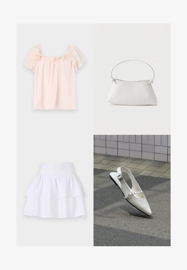 Lyserød bluse med flæse ved halsen og korte, pufærmer. Blødt stof med blomsterdetalje på venstre skulder. Behagelig pasform.; Hvid lagdelt nederdel lavet af letvægtigt stof, med et blødt design, elastisk talje og to voluminøse lag.; Hvid spids slingback flad sko med to sølvspænder, vist udendørs på tekstureret underlag og flisebelagt væg baggrund.; Hvid fletlæderhåndtaske med afrundet håndtag og ender på remmen, der er knyttet, vist mod en ensfarvet baggrund.