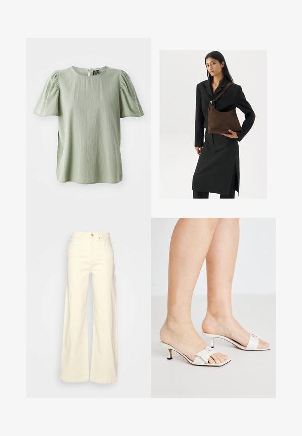 Blusa verde de manga corta con escote redondo, mangas ligeramente abullonadas y un delicado ribete en el escote y los bordes de las mangas.; Pantalones de pierna ancha en un color crema claro, fabricados en algodón, con cintura alta, cinco bolsillos, cierre de botón y detalles de costura mínimos.; Mules de tacón blanco con punta cuadrada y acento de lazo. Material de cuero suave con un tacón de aguja bajo y suela negra en contraste.; Mujer vistiendo un blazer negro y una falda, sosteniendo un gran bolso de hombro de ante marrón oscuro frente a un fondo blanco.