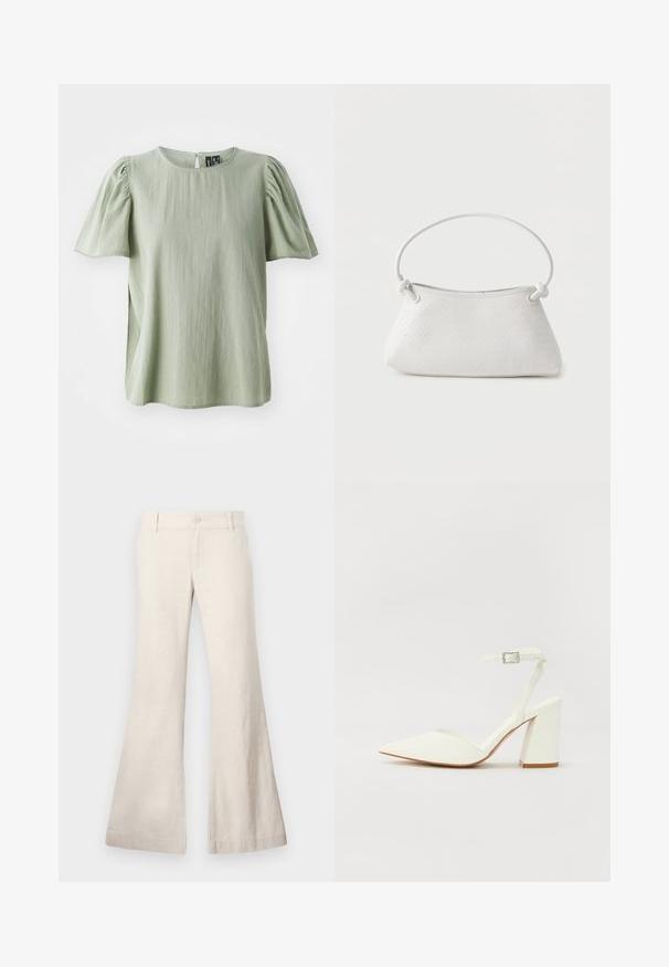 Blusa verde de manga corta con escote redondo, mangas ligeramente abullonadas y un delicado ribete en el escote y los bordes de las mangas.; Pantalones beige acampanados confeccionados en una mezcla de lino ligera. Cuentan con un cierre de botón en la parte delantera y bolsillos laterales. Textura suave, diseño casual.; Sandalia blanca de tacón con puntera afilada, correa ajustable en el tobillo y un tacón cuadrado grueso. Textura lisa con detalles de costura mínimos.; Bolso de mano de cuero blanco tejido con asa redondeada y extremos de la correa anudados, exhibido sobre un fondo liso.