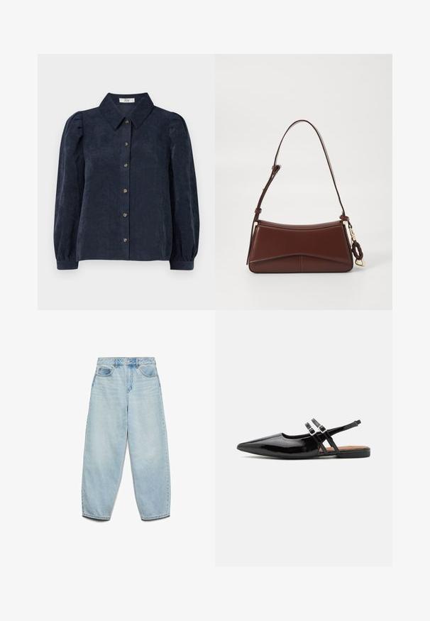 Tumedast sinine korduroöri särk, millel on kraed, ees nööpide sulgemine ja puff-sleeves. Loodud vertikaalsest ribast tekstuurist.; Heledad sinine denim naisest suits, millel on mugav lõige, kõrge talje ja laied jalad, kergelt kulunud tekstuuri ja klassikaline viie taskuga disain.; Mustad lakknahast slingback kingad on terava ninaga, kahe rihmaga, millel on klambriga aktsendid, ning lame tald.; Pruunist nahast käekott, millel on kaarjas siluett, üks rihm ja kuldne riistvara. Omab punutud aksenti ja sileda, mattpinda.