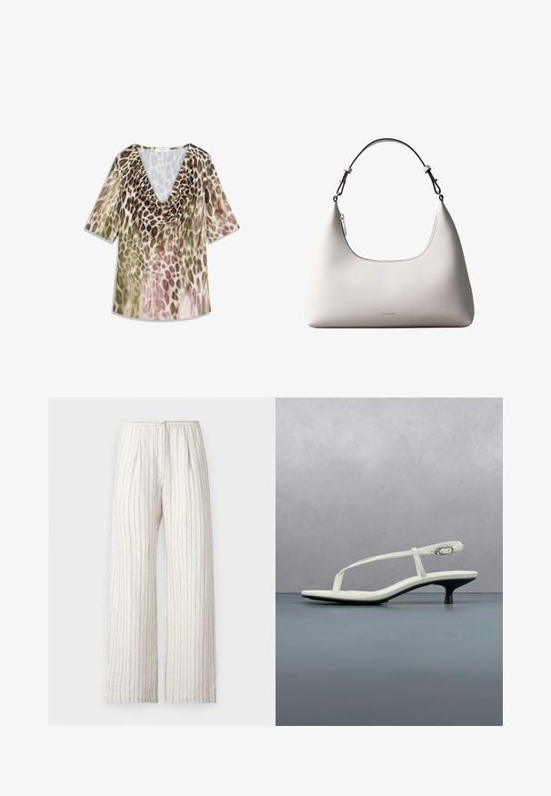 Haut à manches courtes avec un décolleté en V profond, arborant un imprimé léopard dégradé dans des tons terreux de beige, vert et touches de rose. Tissu léger.; Samsøe Samsøe SATOVE TROUSERS - Pantalon classique - egret; Sandale blanche à talon kitten avec des lanières et un bout pointu, flottant au-dessus d'un sol en carrelage en bois en plein air avec un arrière-plan flou de plante et de mur.; Sac à bandoulière en cuir couleur crème de Calvin Klein avec bord supérieur incurvé, fermeture éclair argentée et sangle ajustable brun foncé.