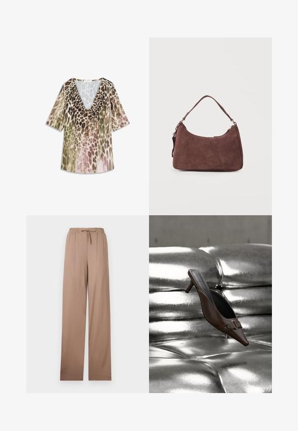 Haut à manches courtes avec un décolleté en V profond, arborant un imprimé léopard dégradé dans des tons terreux de beige, vert et touches de rose. Tissu léger.; Pantalon beige à jambe large avec taille élastique et cordon de serrage, en tissu léger, présenté à plat sur fond blanc.; Mule à talon brun à bout pointu avec détail boucle flottant au-dessus d'une surface en cuir argenté capitonnée brillante.; Sac bandoulière en daim marron avec une anse unique et une fermeture éclair, présenté sur un fond clair uni.