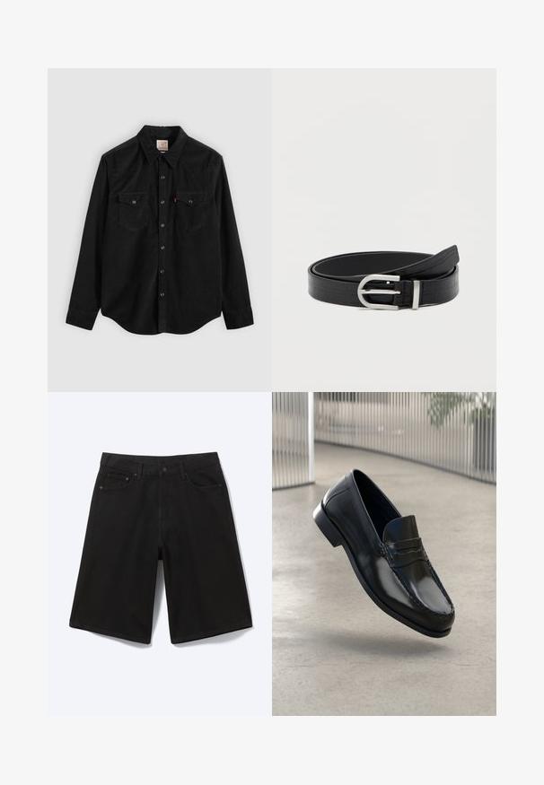 Sort corduroy-skjorte med lange ærmer, knaplukning, to brystlommer og en spids krave. Tekstureret stof med en glat finish.; Sorte denim shorts til knæet med frontknap, bæltestropper og fem lommer, vist mod en hvid baggrund.; Sorte læder loafers med en glat finish, rundet tå, dekorative syninger og en let forhøjet ydersål.; Sort faux læderbælte med krokodillemønster og en sølvfarvet rund spænde, snoet på en ensfarvet hvid baggrund.