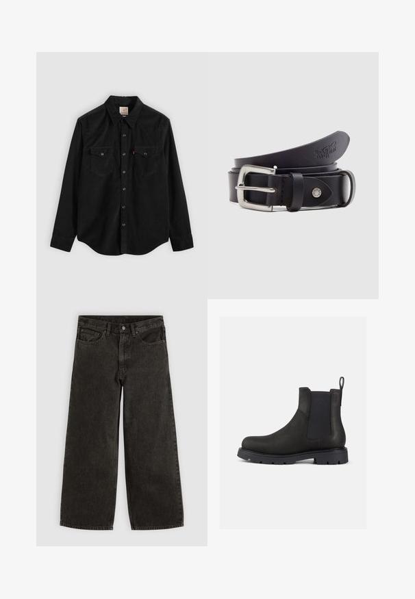 Schwarzes Cord-Hemd mit langen Ärmeln, Knopfleiste, zwei Brusttaschen und spitzem Kragen. Texturiertes Gewebe mit glattem Finish.; Schwarze Jeans mit weitem Bein, Vorderknopf und Reißverschluss, Gürtelschlaufen und fünf Taschen, flach auf weißem Hintergrund ausgelegt.; Schwarze Leder-Chelsea-Boots mit elastischen Seitenpaneelen, Zugschlaufe und strukturiertem Gummisohlen für besseren Halt. Schlankes Design und zurückhaltendes Finish.; Schwarzer Ledergürtel mit silberner Metallschnalle, einem Druckknopf zur Verstellung und geprägtem Muster auf dem Leder. Gleichmäßige, glatte Textur.