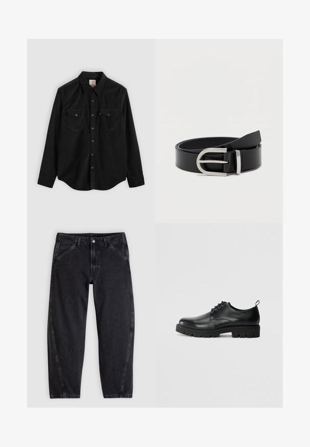 Sort corduroy-skjorte med lange ærmer, knaplukning, to brystlommer og en spids krave. Tekstureret stof med en glat finish.; Sorte denimjeans med løs pasform, der har en standard-taljebånd, femlomme-design og kontrastsyning langs sømmene.; Sort læder sko med en rund tå, der har snørelukning, solid sort gummisål og en lille hælflap bagpå.; Sort læderbælte med en glat overflade, der har en sølvmetalklausul og en klassisk rektangulær form.