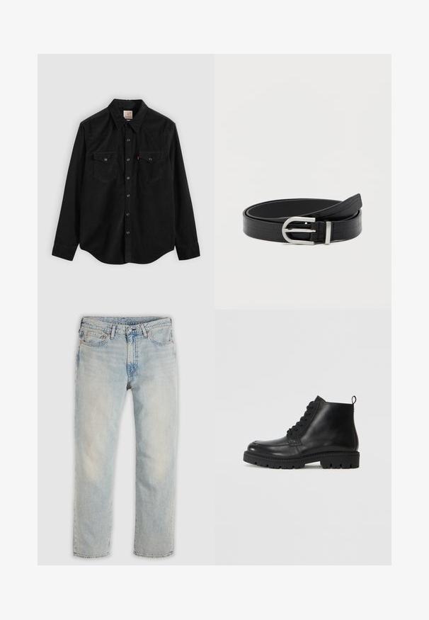 Schwarzes Cord-Hemd mit langen Ärmeln, Knopfleiste, zwei Brusttaschen und spitzem Kragen. Texturiertes Gewebe mit glattem Finish.; Hellblaue, verblasste Jeans mit geradem Bein, Vorderentaschen, Gürtelschlaufen sowie Knopf- und Reißverschluss.; Schwarze Leder Stiefeletten mit runder Zehe, Schnürverschluss und strukturiertem Gummisohle. Mit einer Ziehlasche an der Ferse für einfaches Anziehen.; Schwarzer Kunstledergürtel mit Krokodilstruktur und einer silbernen runden Schnalle, aufgewickelt auf einem schlichten weißen Hintergrund.
