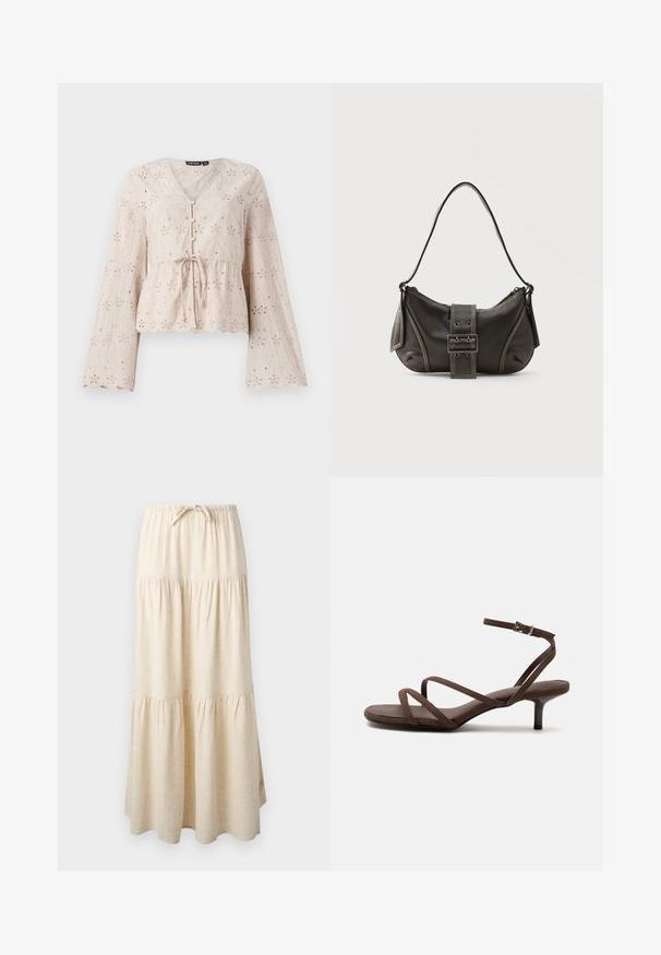 Lys beige broderet bluse med V-udskæring, lange klokkeærmer, bånd i taljen og bølgemønster forneden, prydet med broderede blomsterdekorationsmønstre.; Beige maxi-nederdel i lag med elastisk talje og snøre, med et flydende, opsamlet stofdesign.; Brun højhælet sandal med tynde krydsede stropper og en ankelrem med en sølvspænde på en hvid baggrund.; Sort læder skuldertaske med spænde på remmen, afrundede kanter og kontrasterende hvide syninger på en ensfarvet baggrund.