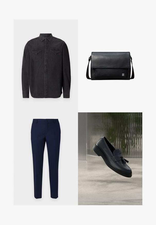 Langärmliges schwarzes Jeanshemd mit klassischem Kragen, Druckknopfverschlüssen, zwei Brusttaschen und einem dezenten roten Logodetail.; Marineblaue, maßgeschneiderte Hose aus glattem Stoff, mit Knopfverschluss, flachem Vorderteil und schmal zulaufenden Beinen für eine moderne Passform.; Schwarze Leder-Loafer mit glatter Textur, gerundeter Zehenpartie und dekorativen Quasten vorne. Flexible Gummisohle mit niedrigem Absatz.; Schwarze Leder-Umhängetasche mit Frontklappe, verstellbarem Schultergurt und kleinem quadratischem Metalllogo in der unteren rechten Ecke.