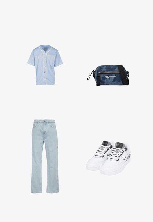 Helles blaues Baseball-Trikot aus glattem Material. Mit weißen Paspeln und "KARL KANI" in fetten Buchstaben auf der Brust gestickt, schwarze Knöpfe.; Hellblaue Denim-Jeans mit geradem Bein, ausgestattet mit Front- und Gesäßtaschen sowie einer seitlichen Cargo-Tasche. Glatte Textur, lässiger Stil.; Weiße Sportschuhe mit einem glatten Lederobermaterial, grauen Akzenten an der Zunge und Ferse sowie einem schwarzen Logodetail an der Seite.; Denim-Umhängetasche von Karl Lagerfeld mit vorderer Reißverschlusstasche und verstellbarem schwarzem Riemen mit geprägtem Branding.