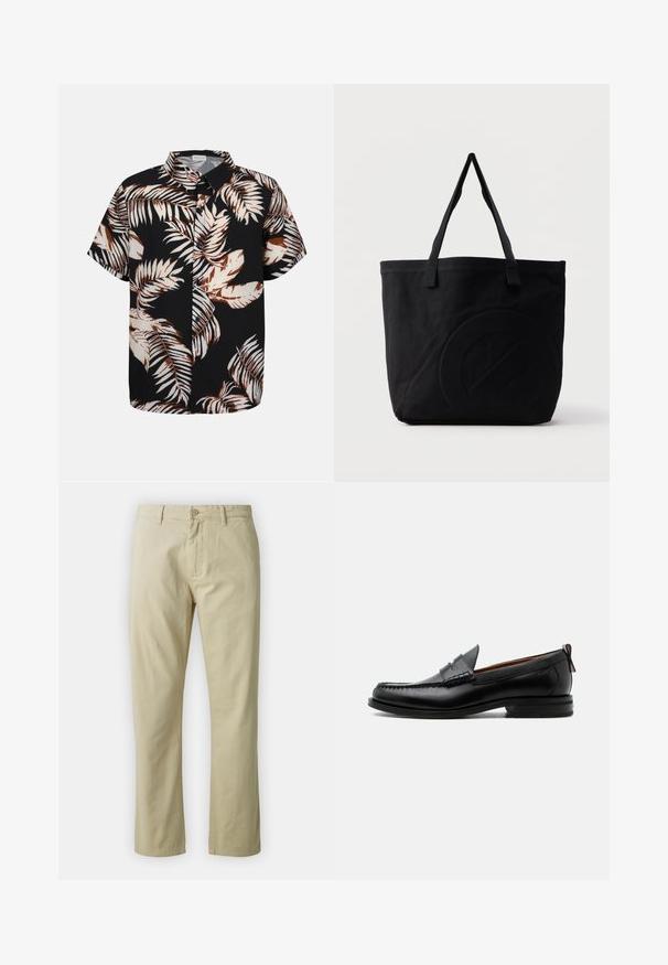 Chemise noire à manches courtes, boutonnée, avec un grand imprimé de feuilles tropicales beige et marron.; Pantalon en coton beige avec une coupe droite, fermeture à bouton sur le devant et passants de ceinture. Texture lisse, sans motifs ou accents visibles.; Mocassin homme en cuir noir avec couture moc toe, bride penny, col texturé et petit talon empilé sur fond blanc.; Sac fourre-tout en toile noire avec deux bandoulières et un motif circulaire discret en relief sur le devant.