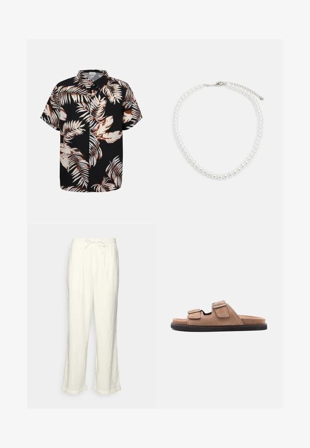 Chemise noire à manches courtes, boutonnée, avec un grand imprimé de feuilles tropicales beige et marron.; Pantalons en lin blanc cassé avec une taille élastique, jambes légèrement larges et ourlets roulés pour un look décontracté. Pas de poches.; Sandale à glissière en suède marron avec semelle noire, présentant deux brides ajustables avec boucles et détail de couture blanche, vue latérale sur fond blanc.; Collier en perles blanches avec une forme ronde uniforme, surface lisse et fermoir en métal avec une chaîne d'extension pour une longueur ajustable.