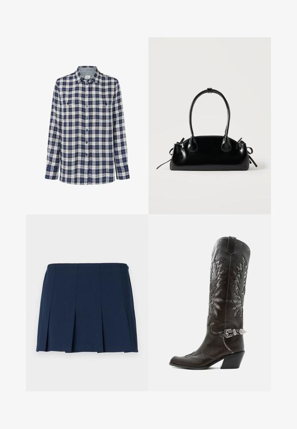 Skjorte i ternet flannel i navy, hvid og rød. Lange ærmer, knappelukning foran, to brystlommer og et diskret logo ved kanten.; Mørkeblå, plisseret mini nederdel med en lige talje, lavet af et glat stof. Har lodrette syninger langs plisseringerne.; Sort læder cowboystøvle med dekorative udskæringer, sølvspænde og skrå hæl, vist på hvid baggrund.; Lille sort blank håndtaske med to lange håndtag og snøre-detaljer i siden på en ensfarvet lys baggrund.