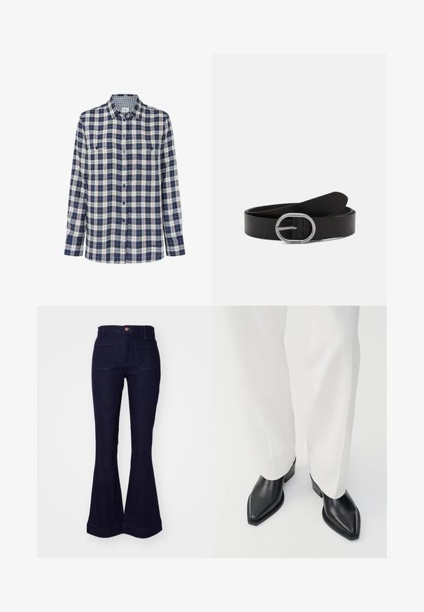 Camisa de franela de cuadros en azul marino, blanco y rojo. Mangas largas, cierre de botones, dos bolsillos en el pecho y un sutil logo en el dobladillo.; Pantalones vaqueros de mezclilla azul oscuro de tiro alto con bolsillos parche delanteros y piernas amplias acampanadas, botón y trabillas para cinturón en la cintura.; Botas de tobillo negras con punta afilada y acabado de cuero liso, con tacones bajos y bloque, combinadas con pantalones blancos de pierna ancha. Diseño simple y moderno.; Cinturón de cuero negro con una hebilla circular de plata. Presenta una textura suave y un diseño minimalista, con un borde limpio y sin patrones visibles.