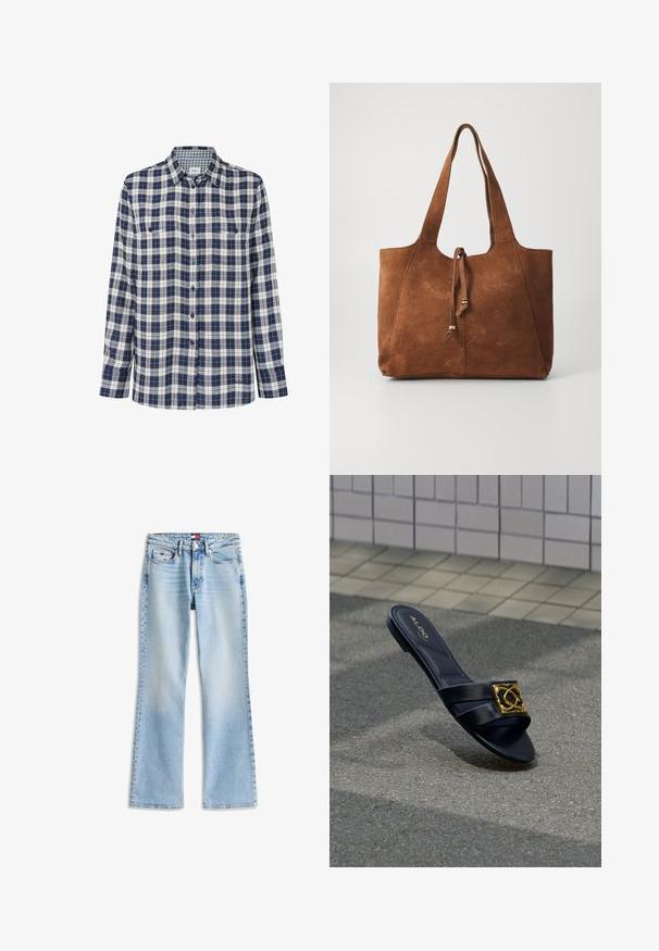 Geruite flanellen shirt in marineblauw, wit en rood. Lange mouwen, knoopsluiting aan de voorkant, twee borstzakken en een subtiel logo aan de zoom.; Lichtblauwe spijkerbroek met een hoge taille, knoop- en ritssluiting, vijf zakken en licht uitlopende pijpen.; Zwarte Aldo slidesandaal met dubbele bandjes en een gouden decoratieve gesp op een asfaltoppervlak vlakbij betegeld trottoir.; Bruine suede tote bag met twee lange handvatten, trekkoordsluiting en een gladde textuur. Kenmerkt zich door een eenvoudig ontwerp en minimale accenten.
