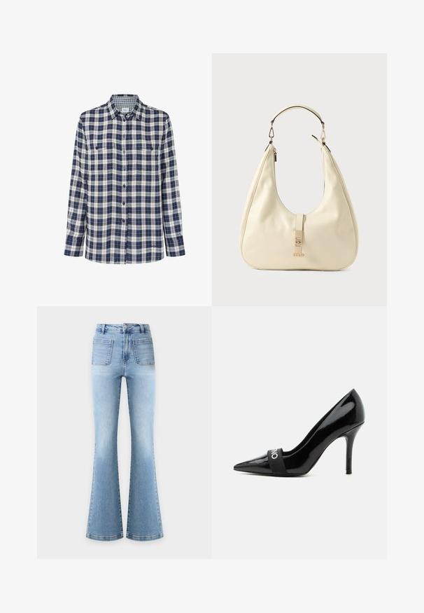 Camisa de franela de cuadros en azul marino, blanco y rojo. Mangas largas, cierre de botones, dos bolsillos en el pecho y un sutil logo en el dobladillo.; Vaqueros de denim azul claro de talle alto con perneras anchas y acampanadas y dos grandes bolsillos frontales tipo parche sobre un fondo neutro.; Zapato salón de tacón alto de charol negro con punta afilada, tacón delgado y banda elástica en la parte delantera con texto blanco.; Bolso de cuero color crema con cuerpo curvado, asa superior y herrajes en tono dorado. Cuenta con cierre de cremallera y detalle con marca.